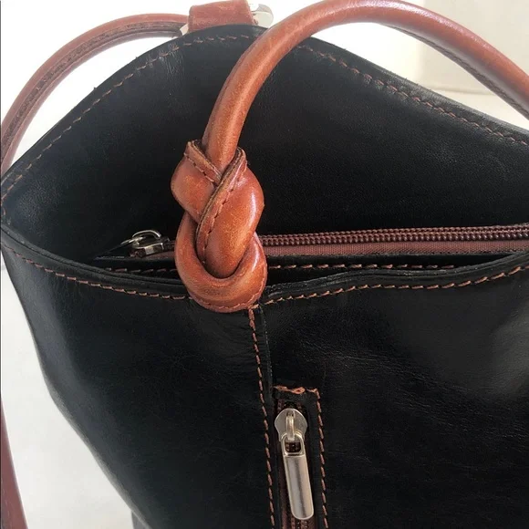 Vera Pelle Italian Leather Black/Brown Shoulder Backpack Bag - Picture 7 of 16